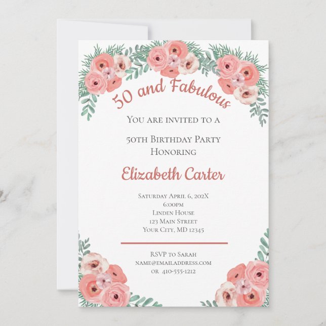 Pink Rose Floral 50 and Fabulous Birthday (Front)