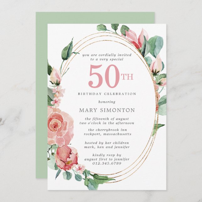 Pink Rose Floral 50th Birthday Party Invitation (Front/Back)
