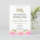 Pink Rose Floral 70th Surprise Birthday Party  Invitation (Standing Front)