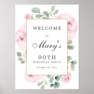 Pink Rose Floral 90th Birthday Welcome Sign