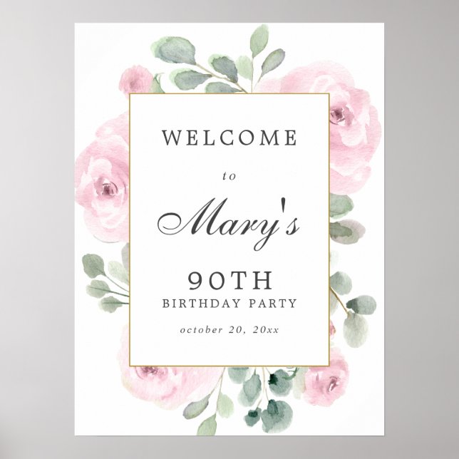 Pink Rose Floral 90th Birthday Welcome Sign (Front)