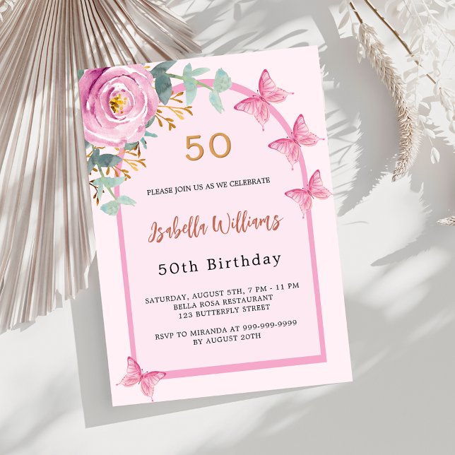 Pink rose floral arch butterflies luxury Birthday Invitation (Creator Uploaded)