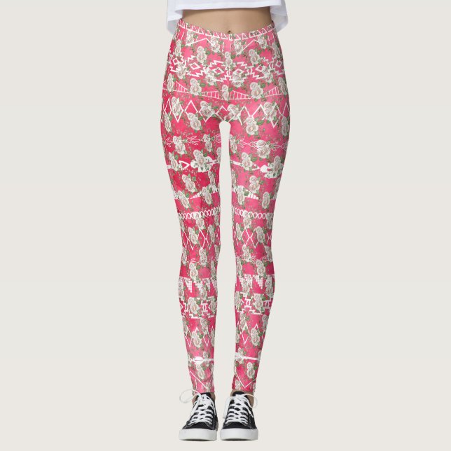 Pink Rose Floral Aztec Pattern Leggings (Front)