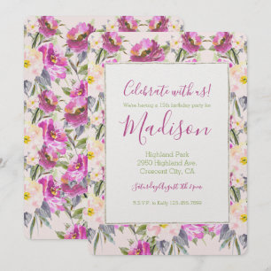 Pink Rose Floral Birthday Invitation