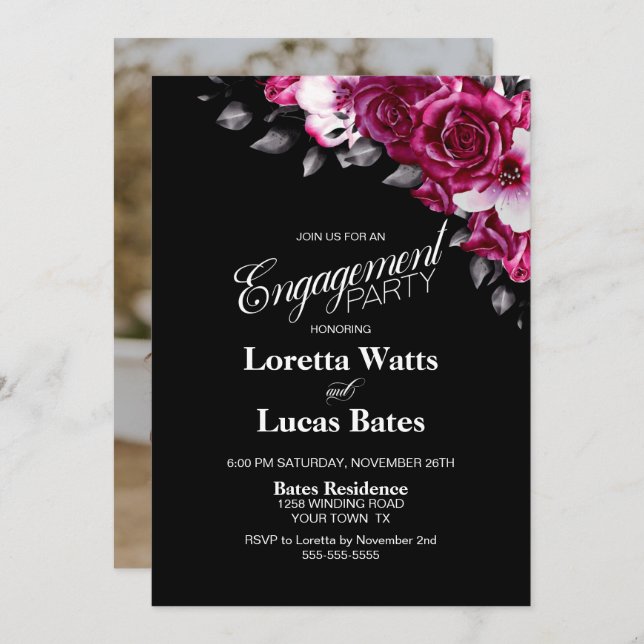 Pink Rose Floral Black Engagement Party Photo Invitation (Front/Back)