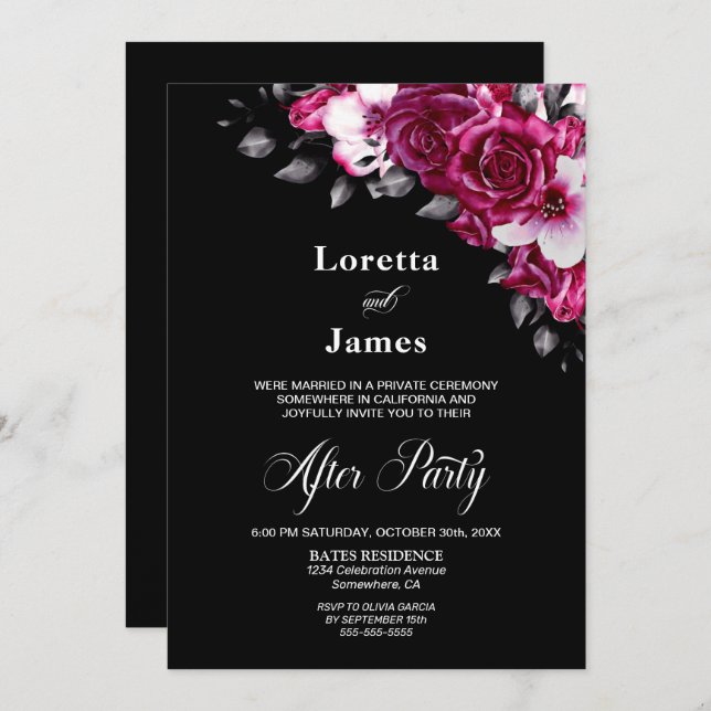 Pink Rose Floral Black Wedding Reception Invitation (Front/Back)