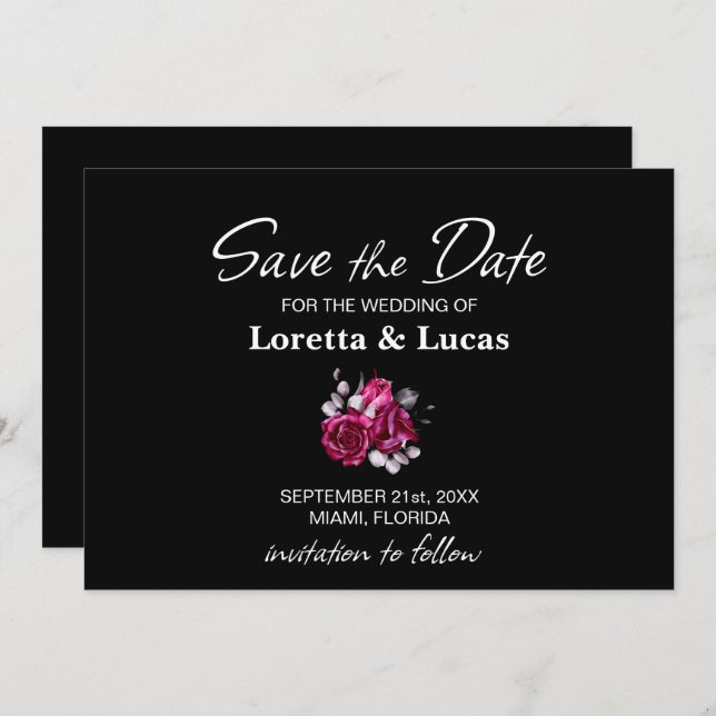 Pink Rose Floral Black Wedding Save the Date (Front/Back)