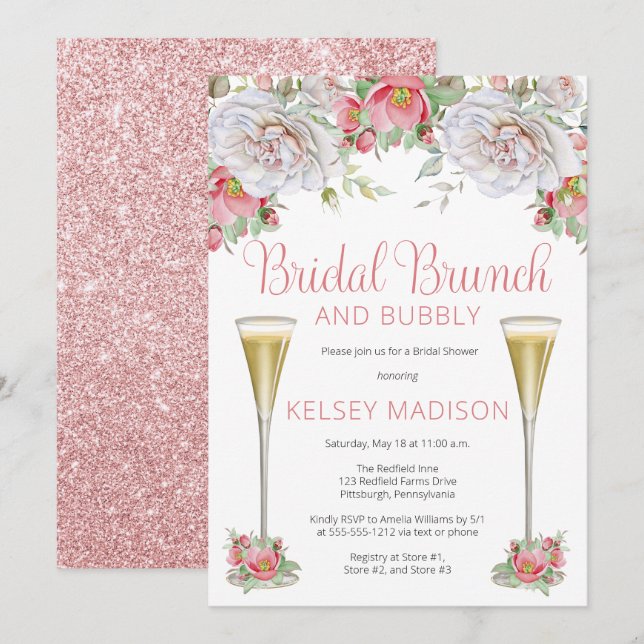 Pink Rose Floral Blooms Bridal Brunch and Bubbly I Invitation (Front/Back)