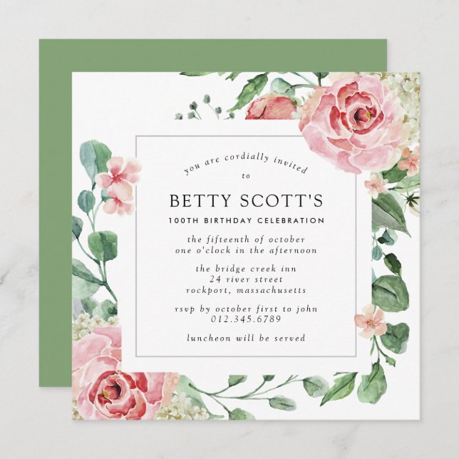 Pink Rose Floral Botanical 100th Birthday Party Invitation (Front/Back)