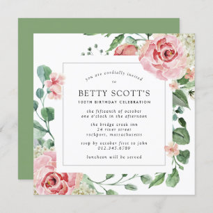 Pink Rose Floral Botanical 100th Birthday Party Invitation