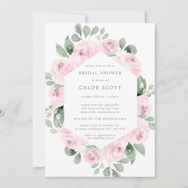 Pink Rose Floral Botanical Bridal Shower Invitation (Front)