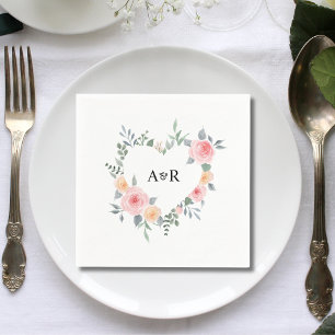 Pink Rose Floral Botanical Heart Shaped Wedding Napkin