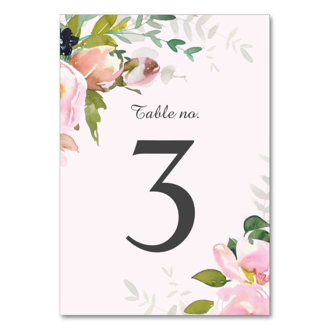 Pink Rose Floral Bouquet Wedding Reception Table Number (Front)