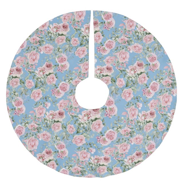Pink Rose Floral  Brushed Polyester Tree Skirt (Front)