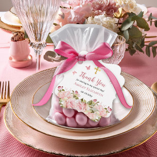Pink Rose Floral  Butterflies Gold Cross Thank You Favour Tags