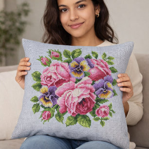 Pink Rose Floral Cross Stitch Throw Pillow