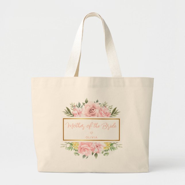 Pink Rose Floral Custom Mother of the Bride Large Tote Bag (Front)