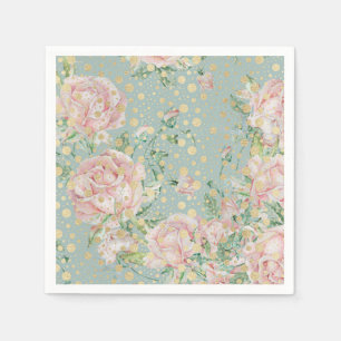 Pink rose floral dot gold teal elegant vintage napkin