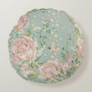Pink rose floral dot gold teal elegant vintage round cushion