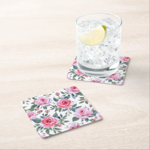 Pink Rose Floral Elegant Watercolor Pattern Square Paper Coaster