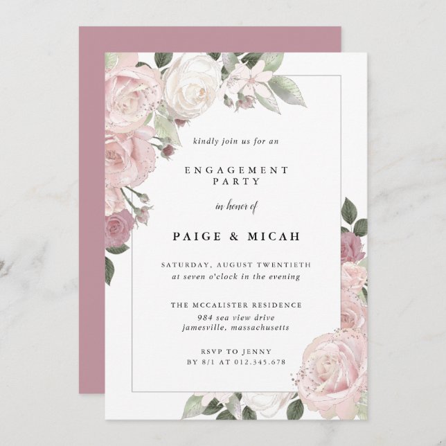 Pink Rose Floral Engagement Party Invitation (Front/Back)