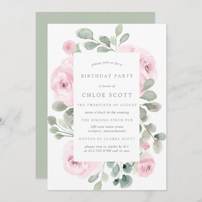 Pink Rose Floral Eucalyptus Birthday Invitation (Front/Back)
