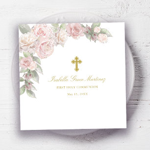Pink Rose Floral First Communion Cocktail Napkin