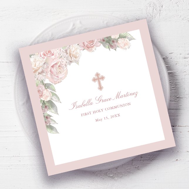 Pink Rose Floral First Communion Cocktail Napkin (Creator Uploaded)