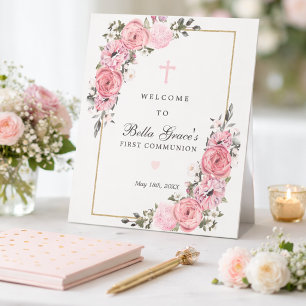 Pink Rose Floral First Communion Welcome Pedestal Sign