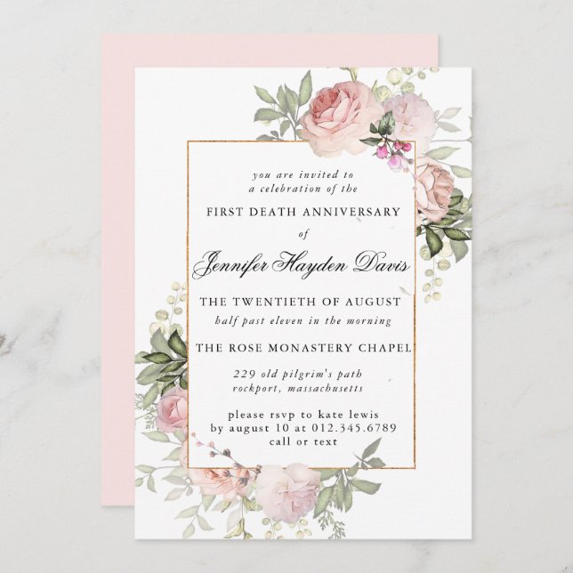 Pink Rose Floral First Death Anniversary Invitation (Front/Back)