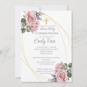 Pink Rose Floral First Holy Communion Invitation