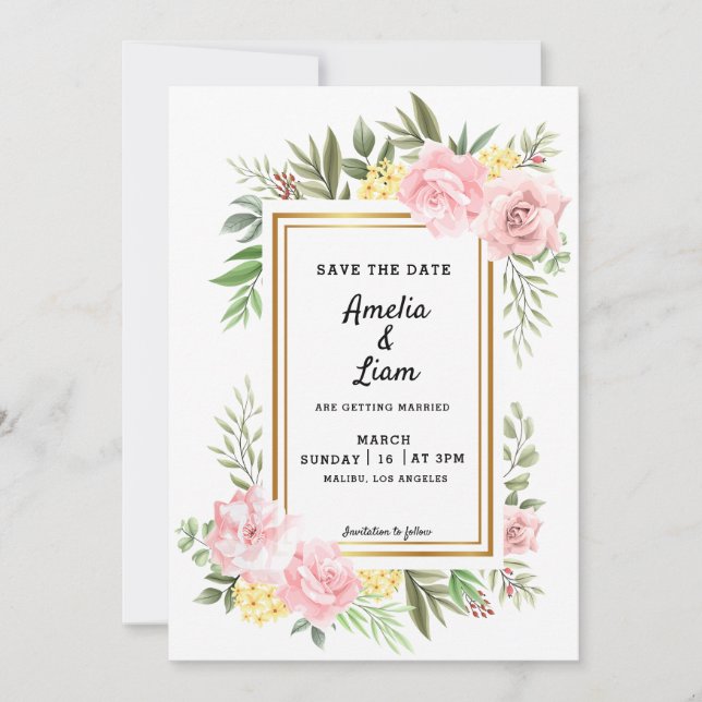 Pink Rose Floral Flora Theme Wedding Save The Date Invitation (Front)