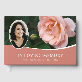 Pink Rose Floral Funeral Memorial Photo Guest Book