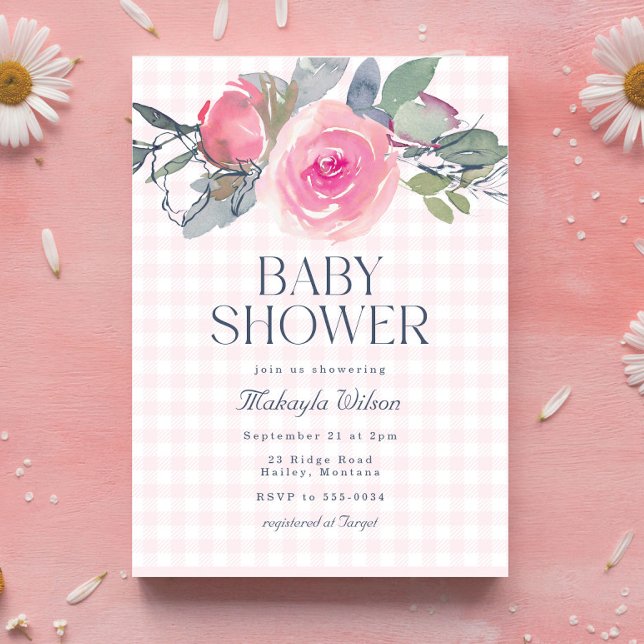 Pink Rose Floral Gingham Girl Baby Shower Invitation (Creator Uploaded)