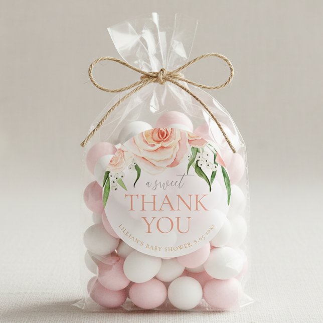 Pink Rose Floral Girl Baby Shower Thank You Classic Round Sticker (Creator Uploaded)
