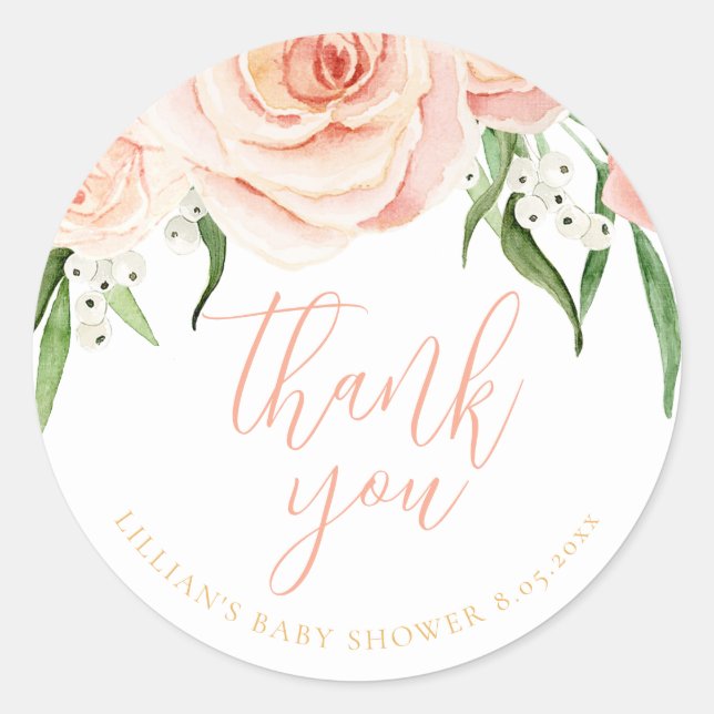 Pink Rose Floral Girl Baby Shower Thank You Classic Round Sticker (Front)