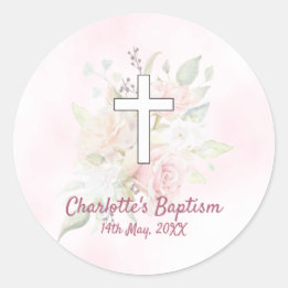 Pink rose floral girl Baptism Classic Round Sticker