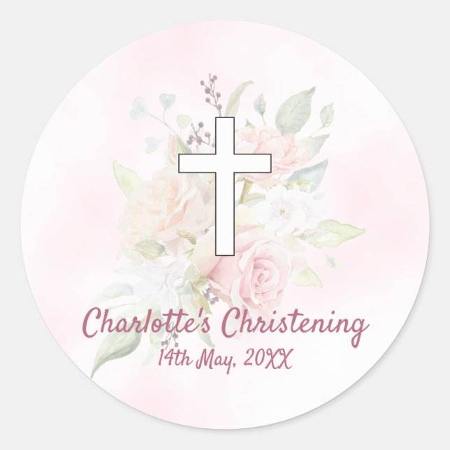 Pink rose floral girl Christening Classic Round Sticker (Front)