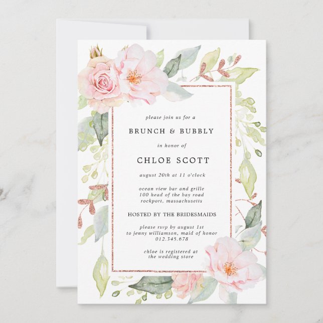 Pink Rose Floral Gold Bridal Brunch Bubbly Invitation (Front)