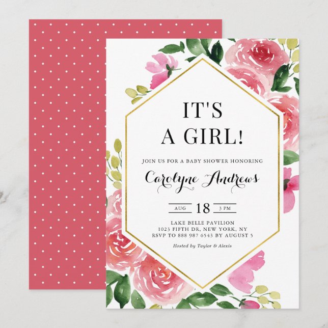 Pink Rose Floral Gold Foil It's a Girl Baby Shower Invitation (Front/Back)