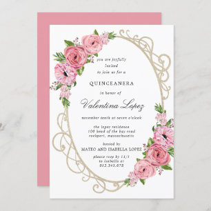 Pink Rose Floral Gold Quinceanera Invitation