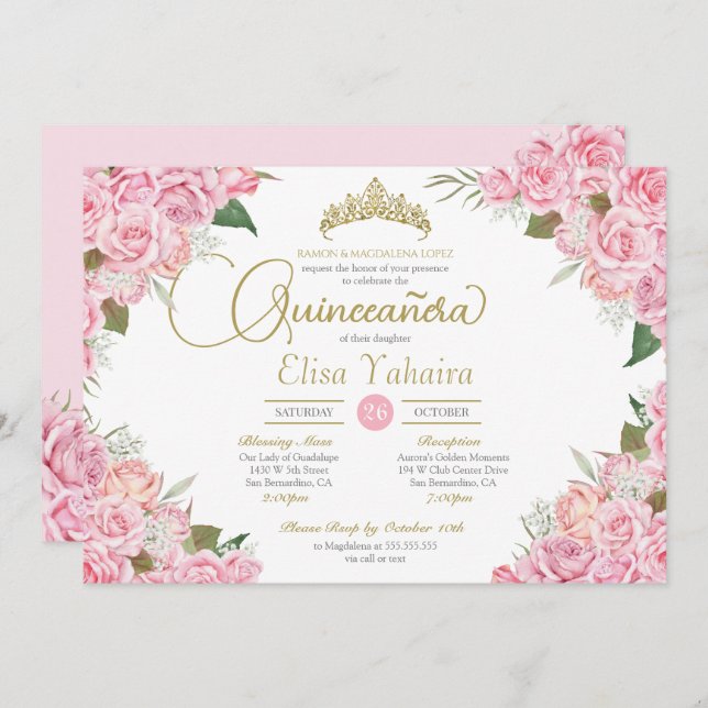 Pink Rose Floral Gold Tiara Quinceanera  Invitation (Front/Back)