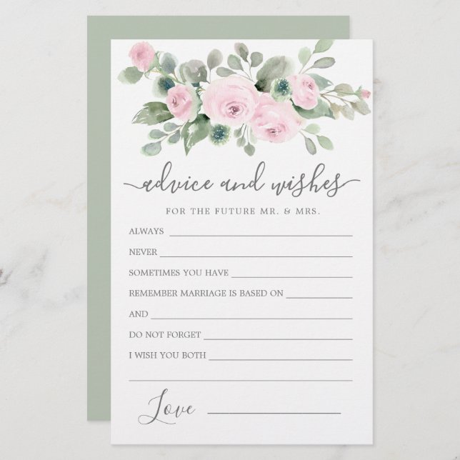 Pink Rose Floral Greenery Advice and Wishes Card (Front/Back)