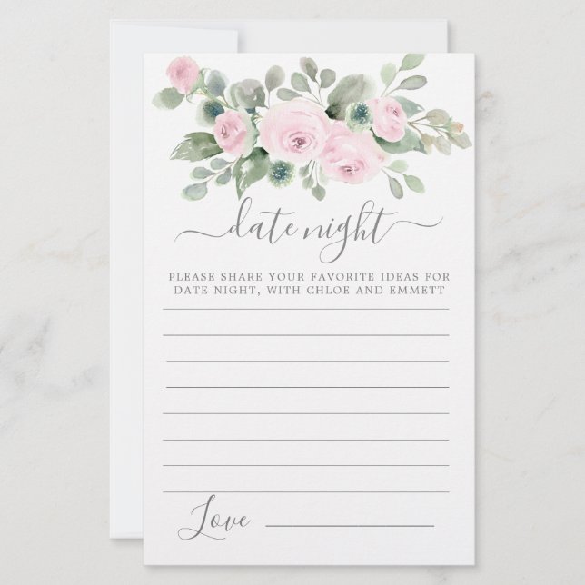 Pink Rose Floral Greenery Date Night Card (Front)