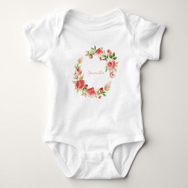 Pink Rose Floral Greenery Girl Baby Shower Bodysuit (Front)