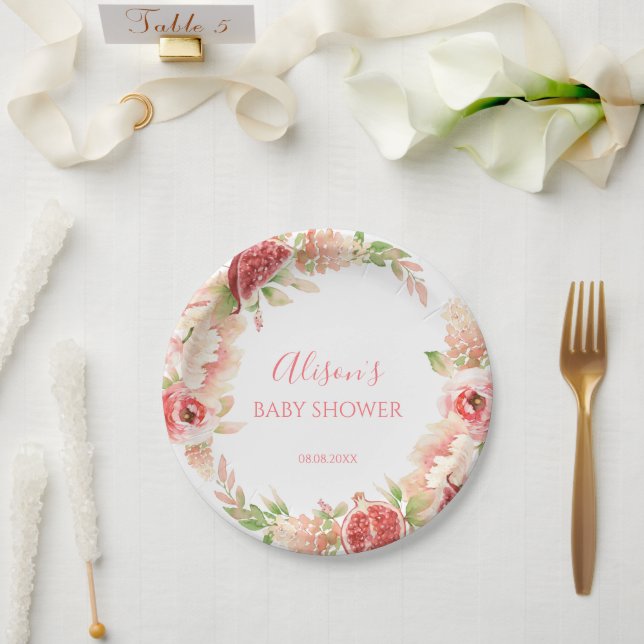 Pink Rose Floral Greenery Girl Baby Shower Paper Plate (Wedding)