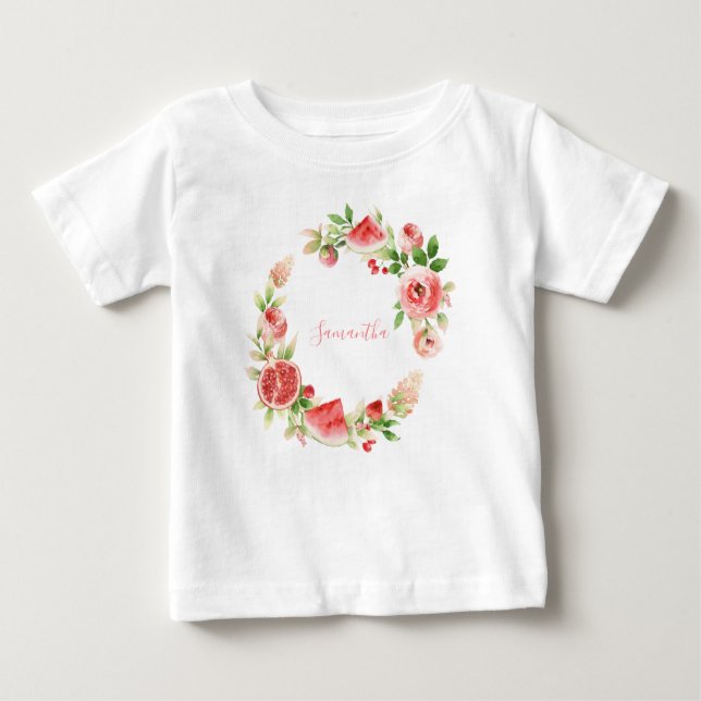 Pink Rose Floral Greenery Girl  Baby T-Shirt (Front)