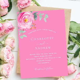 Pink rose floral greenery wedding invitation