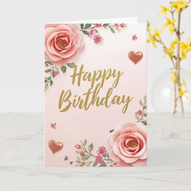 Pink Rose Floral Happy Birthday Card (Yellow Flower)