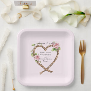 Pink Rose Floral Heart Wedding Paper Plate